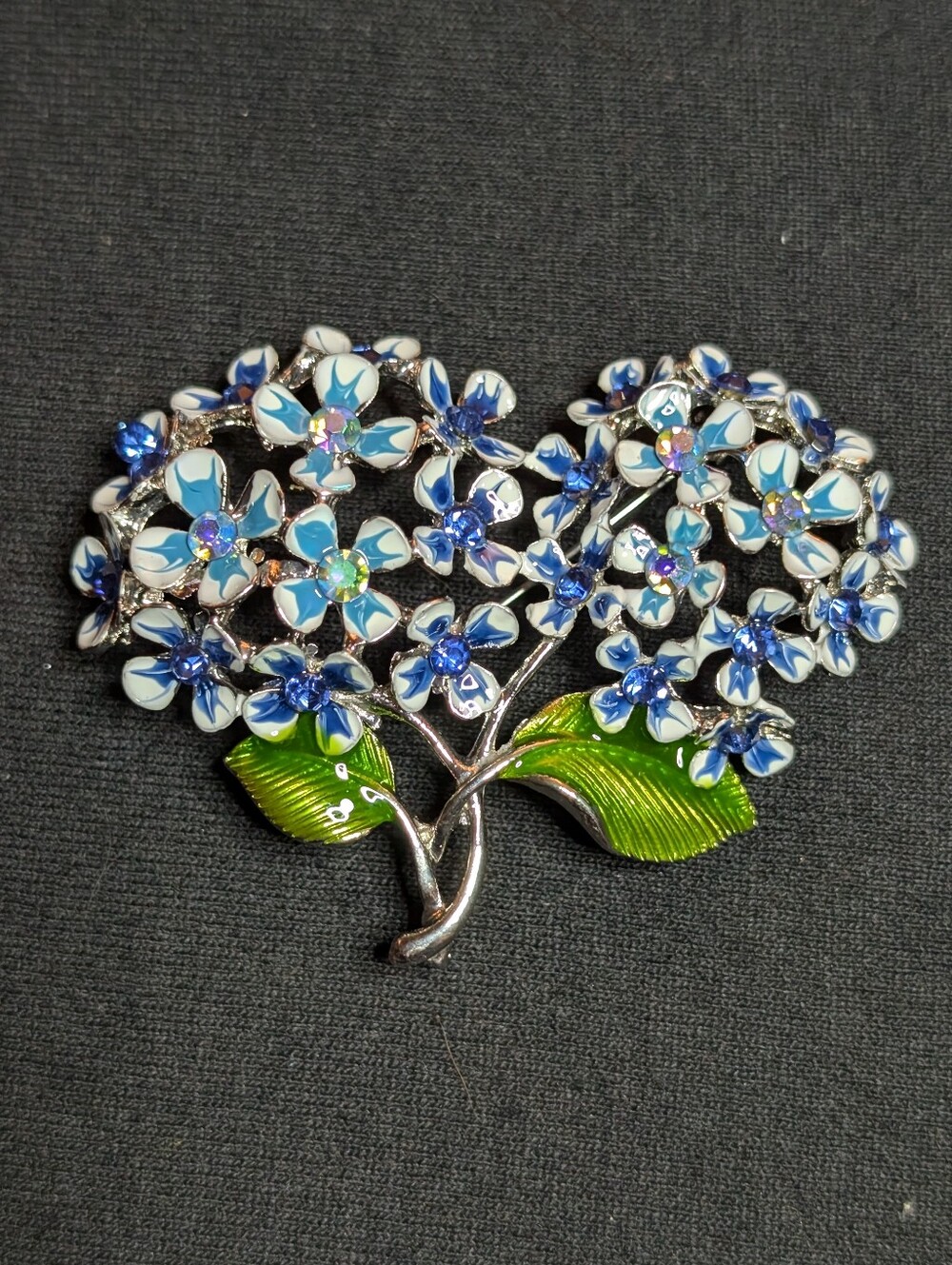 Blue Floral Crystal Tree Brooch with Green Enamel Leaves